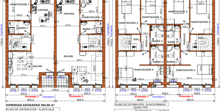 PLANOS dos viviendas adosadas 264 m²