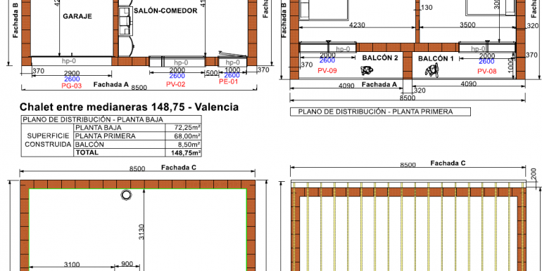 planos chalet entre medianeras prefabricado 148,75m2,